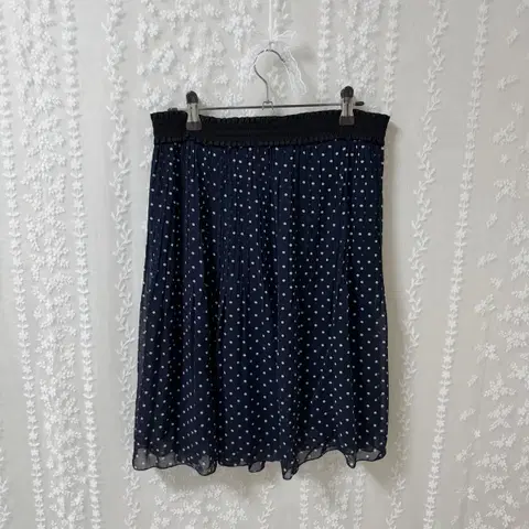 일본빈티지 땡땡이 미디 스커트 네이비 도트 쉬폰 밴딩 치마