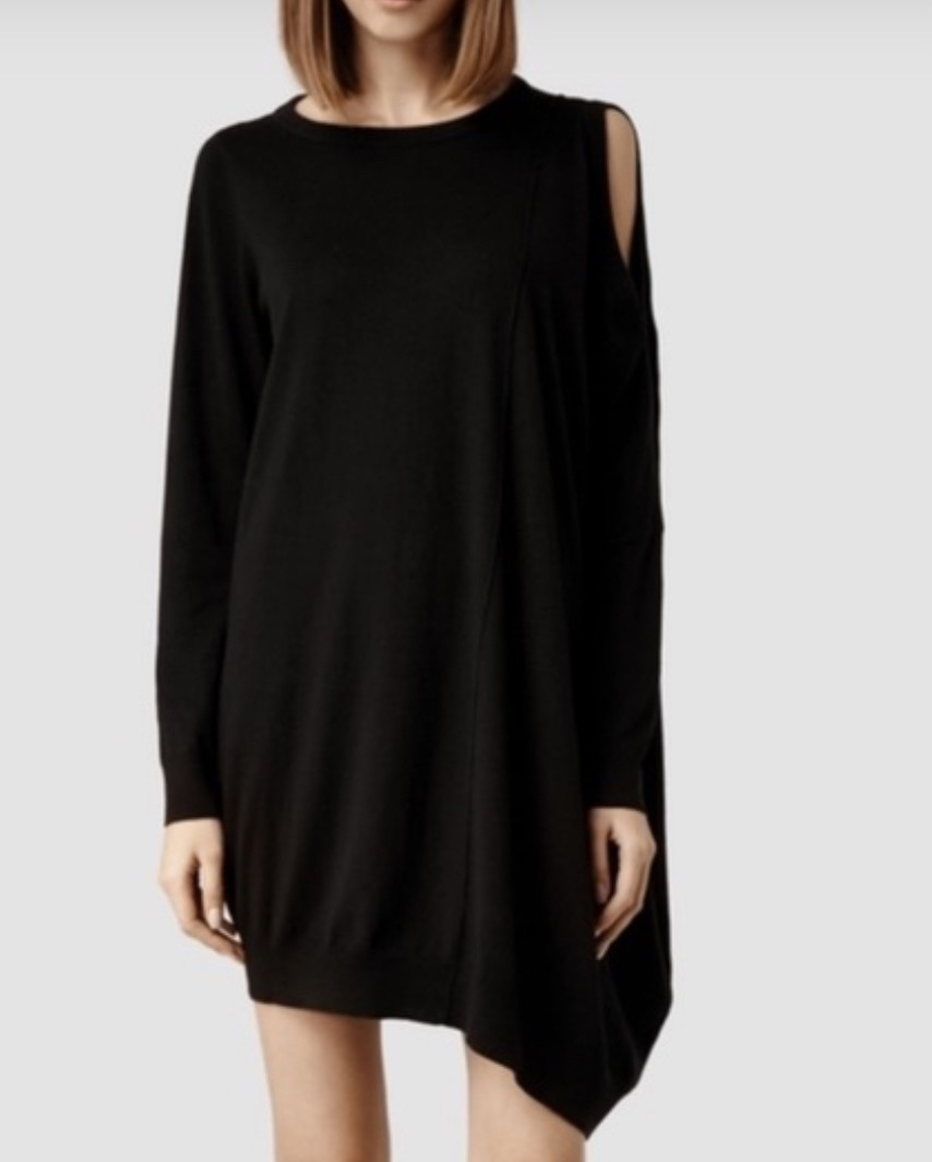 44 마른55 올세인츠 실크 울 어깨트임 언발 미니 니트 원피스 스웨터