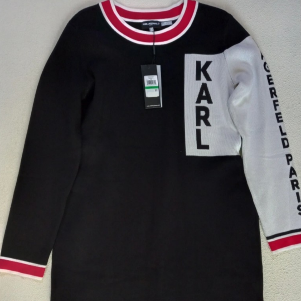 [새상품] 칼라거펠트 블랙 니트 원피스 롱길이 컬러배색 로고 