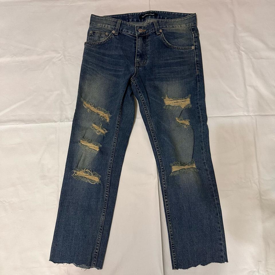 남자 청바지 진청 워싱 데미지 와이드청바지