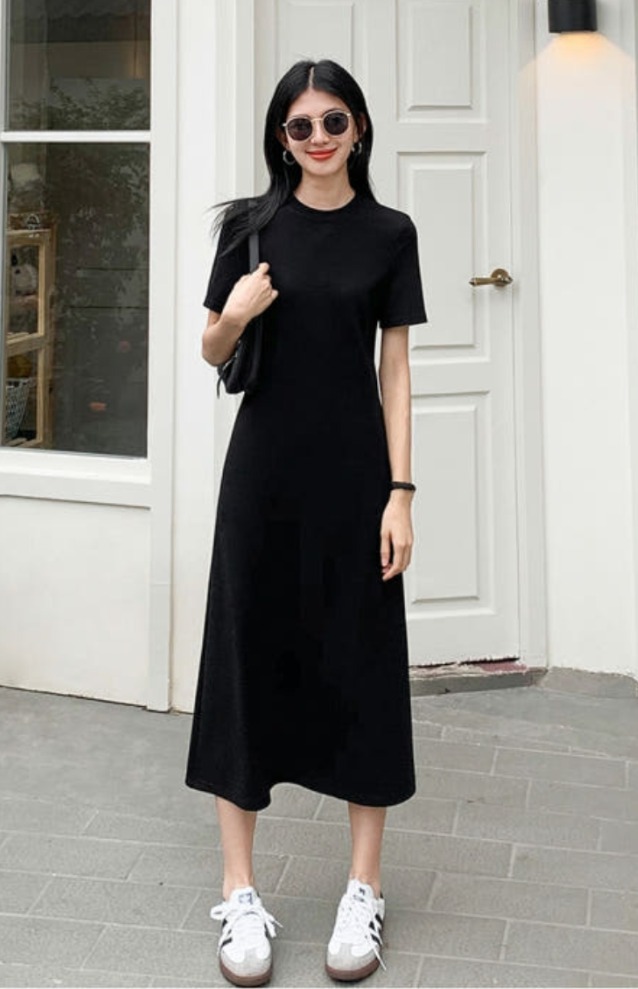 여성 블랙 반팔 롱 원피스