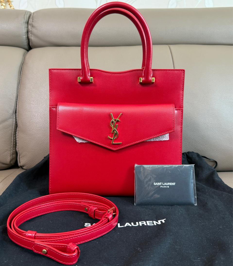 생로랑 그랑 드 뿌드르 업타운 탑핸들 스몰 토트 숄더백 금장 레드