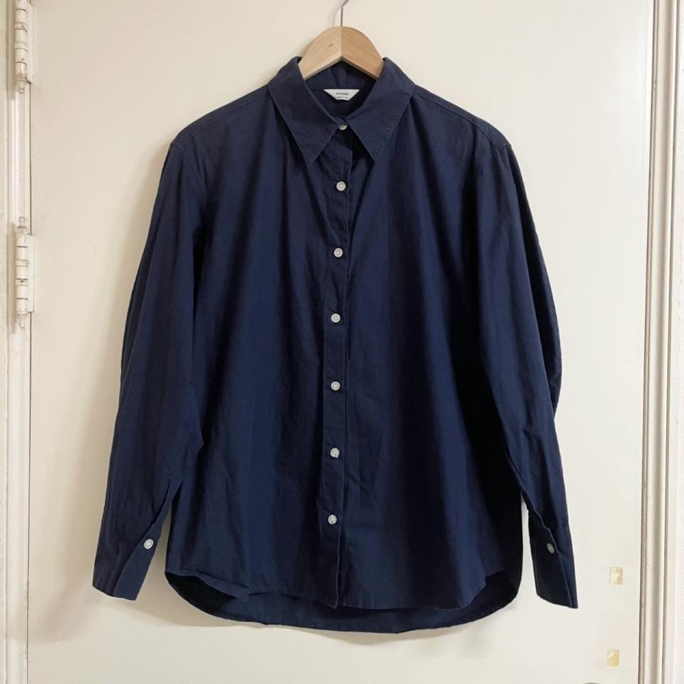 네이비 루즈핏 소매 벌룬 셔츠