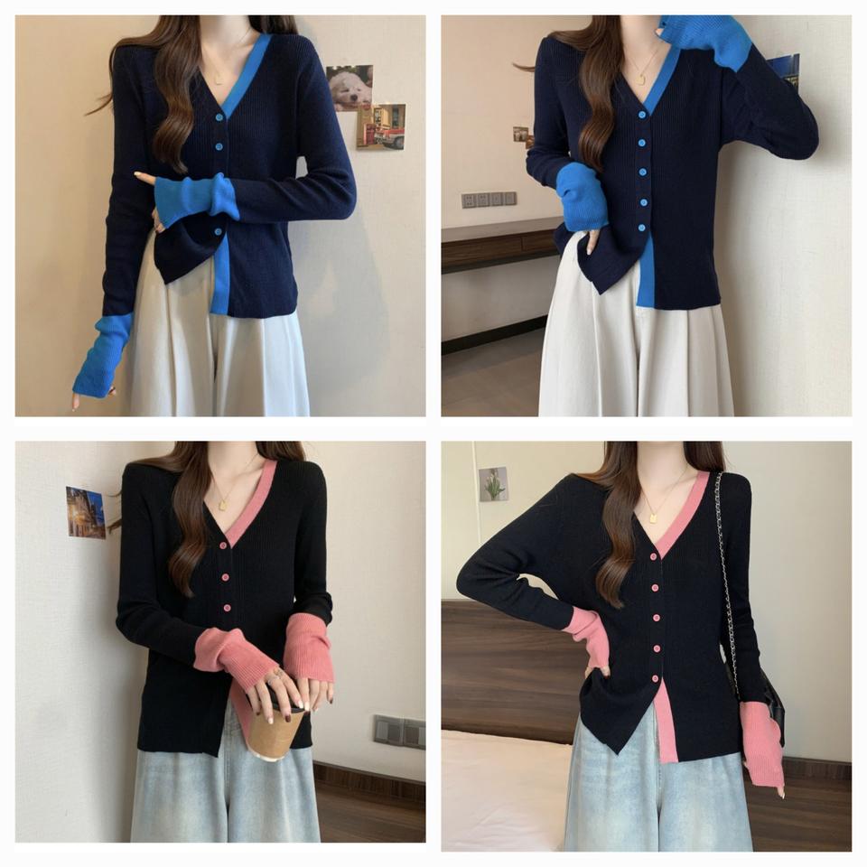 플루엔트G 긴팔 니트 스웨터 디자인 스타일 스플라이싱 컬러 가디건 버튼