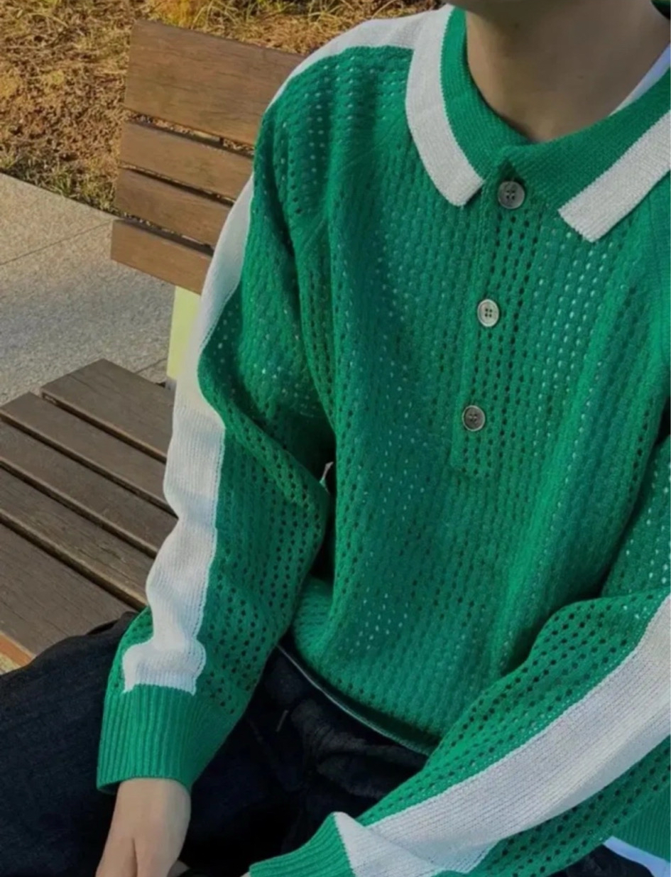 (95~마른110) 남성 스카시 펀칭 니트 짜임긴소매 티셔츠-그린/화이트