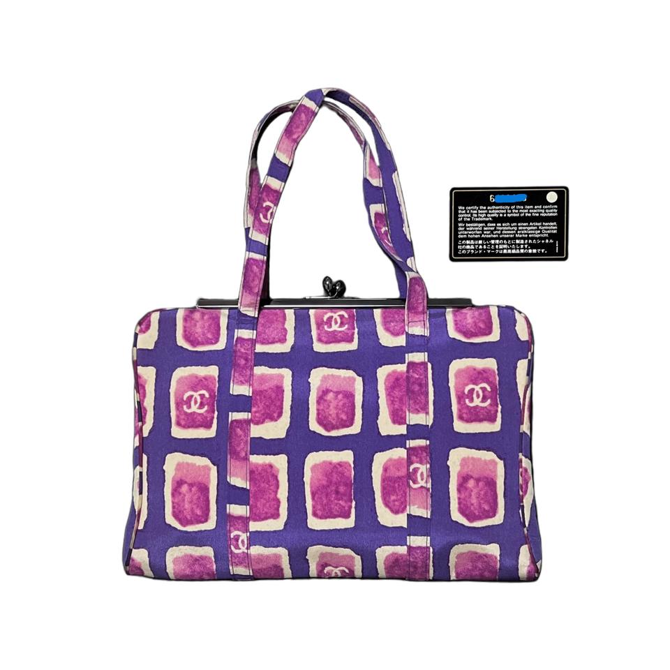 샤넬 키스락 퍼플 핑크 수채화 프린팅 캔버스 프레임백
