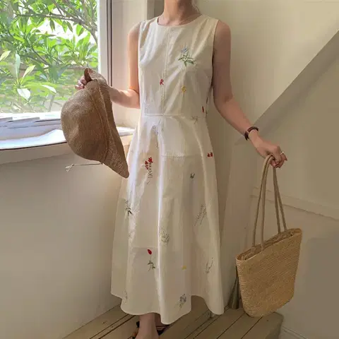 NE238)플라워 자수 민소매 포켓 롱 플레어 원피스 데이트룩 여행룩