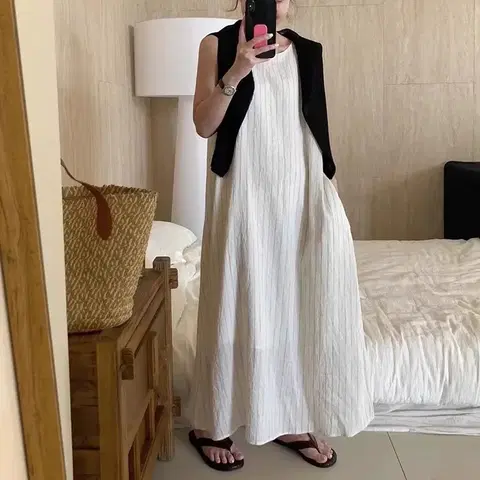 NE236)2컬러 스트라이프 포켓 민소매 버튼 핀턱 맥시 롱 원피스