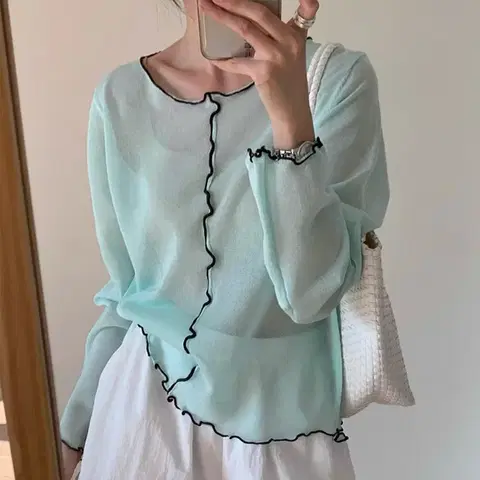 NE233)6컬러 배색 프릴 라인 시스루 니트 데일리룩 꾸안꾸룩