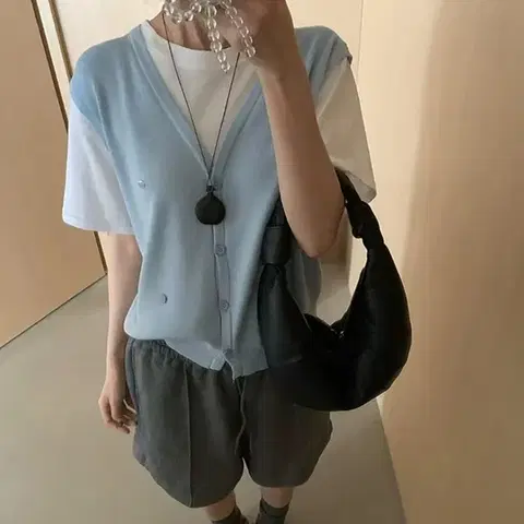 NE243)3컬러 와펜 레이어드 조끼 반팔 티셔츠 데일리룩 꾸안꾸룩