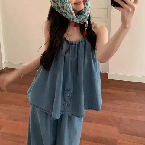 NE245)2컬러 데님셋업 플레어 나시 블라우스 와이드 밴딩 팬츠 투피스