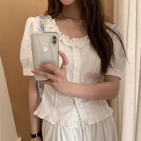 NE239)2컬러 레이스 프릴 퍼프 반팔 블라우스 러블리 페미닌룩 데이트