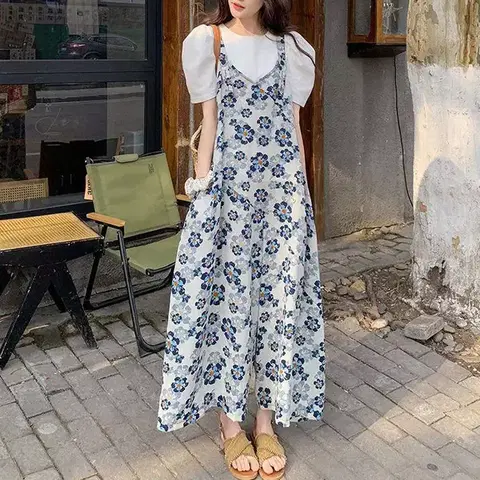 NE240)플라워 패턴 포켓 와이드 버튼 멜빵 점프수트 나들이룩 여행룩