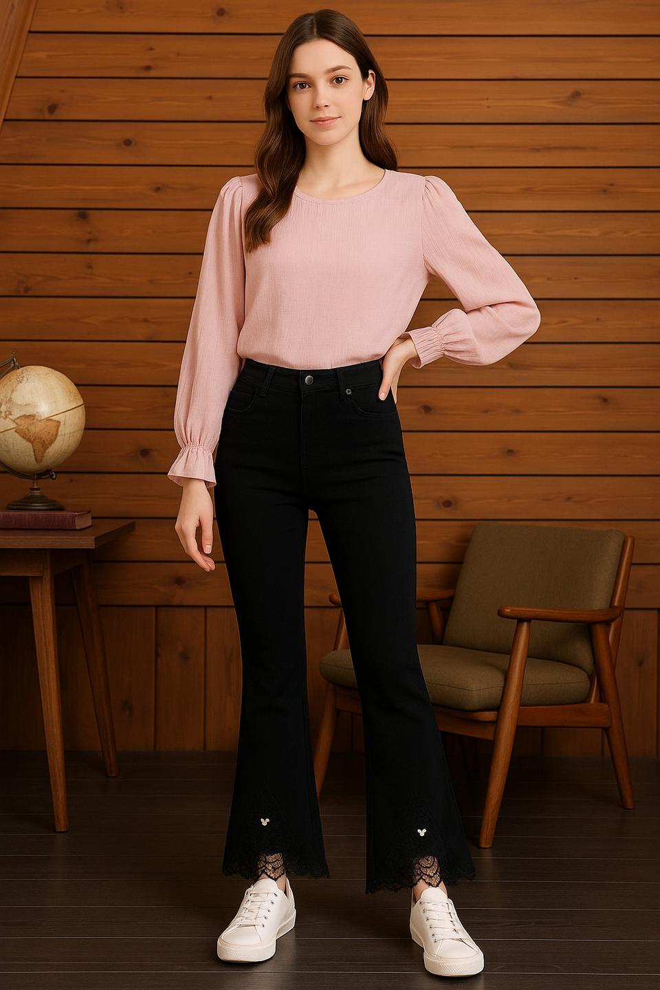 캐주얼 블랙 나팔바지 슬림핏 하이웨스트 얇은 부츠컷 빅사이즈 레이스 봄여