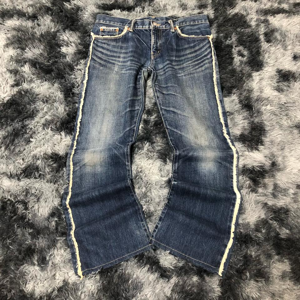 JPN 빈티지 사이드 프레이드 워싱 데님 부츠컷 플레어 데님팬츠