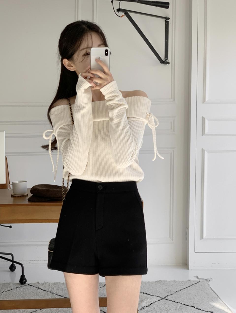 새상품) 아뜨랑스 리본 벨벳 골지 오프숄더 니트 티셔츠 발레코어 미니포에