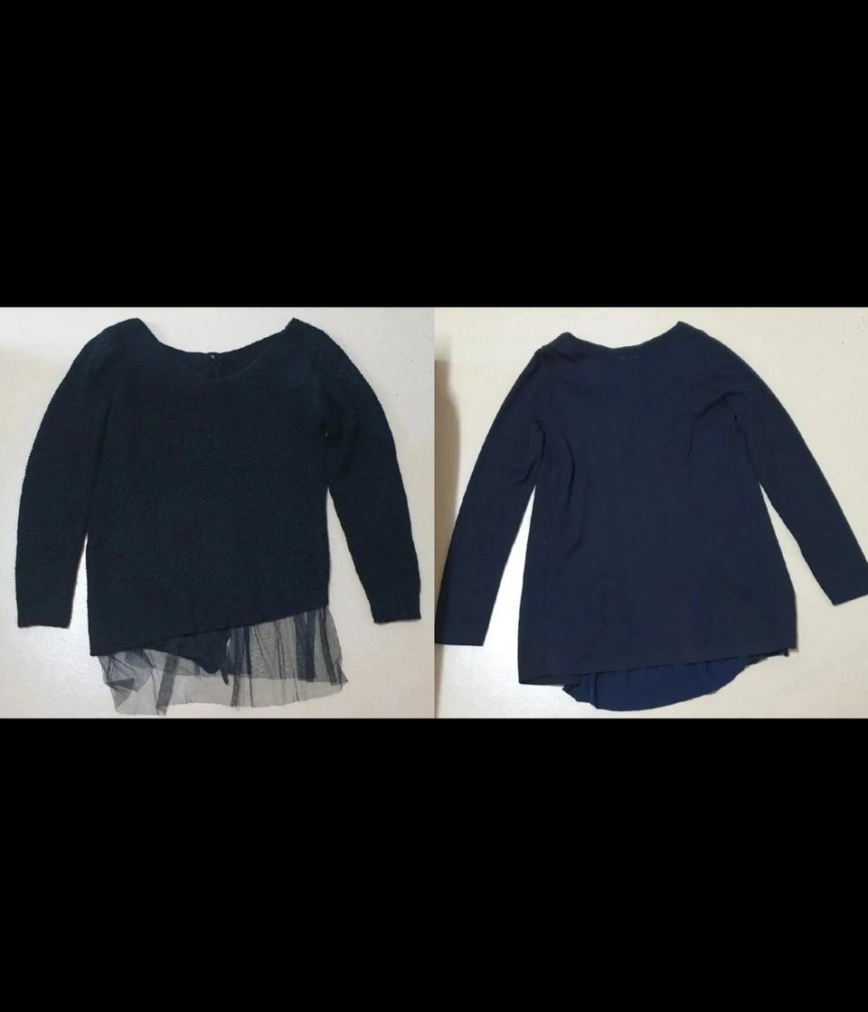 리본 레이스 쉬폰 긴팔 니트 스웨터 티셔츠 네이비 블랙