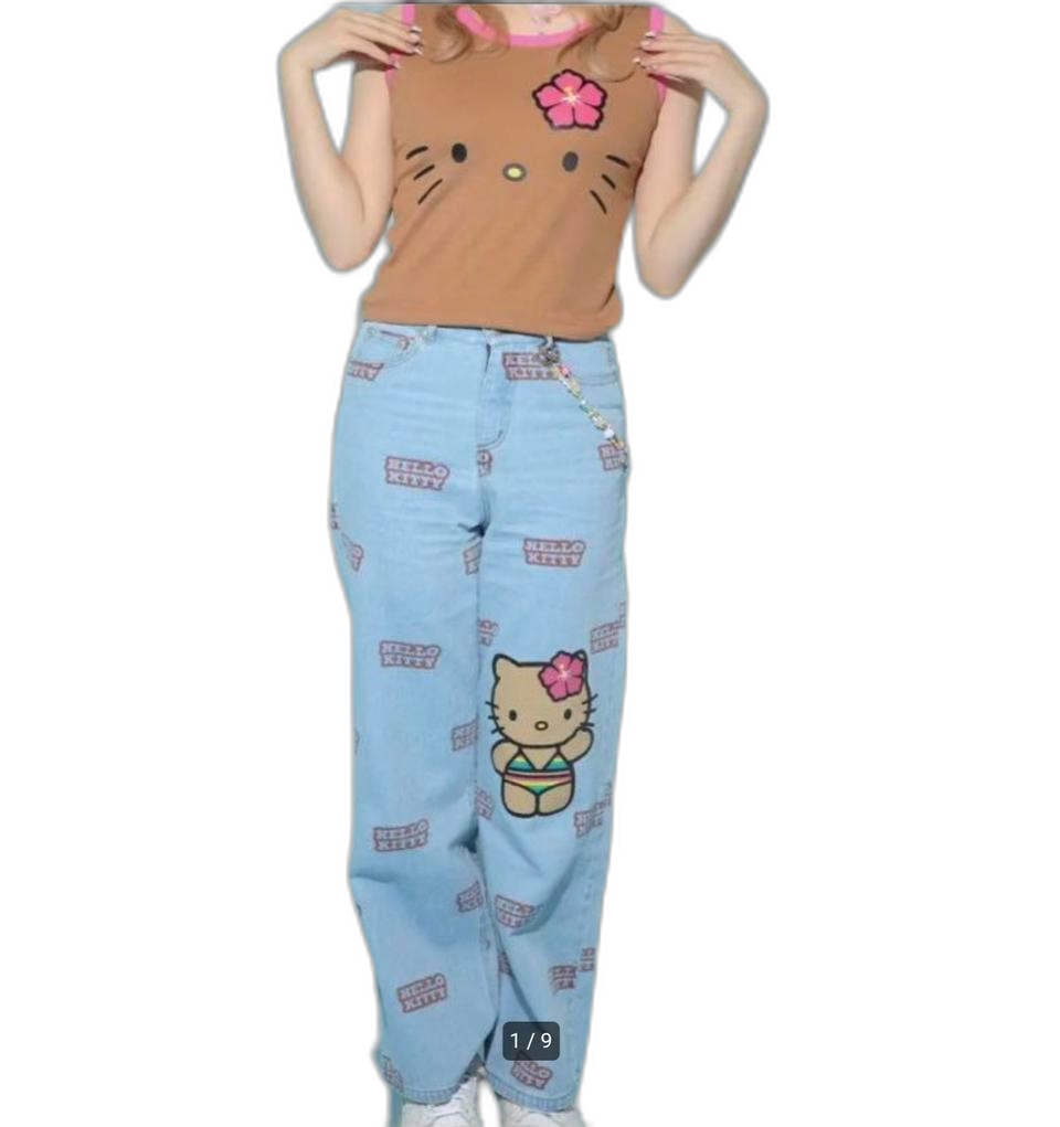 한정판 헬로키티 50주년 기념 일본 정품 캐주얼 데님 와이드 팬츠