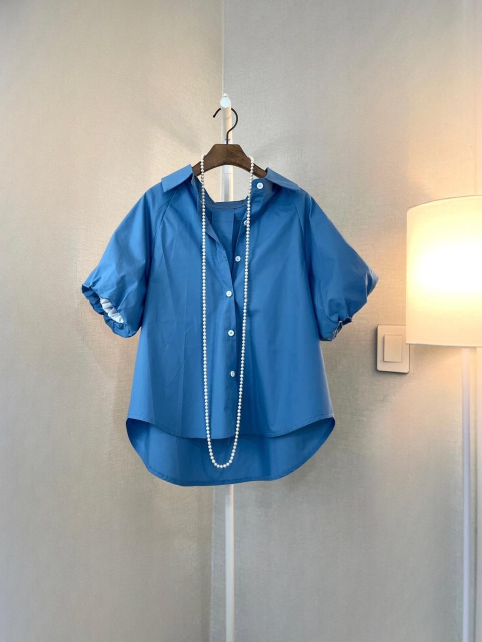 여름반팔 면여자 오버핏퍼프블루 셔츠 블라우스