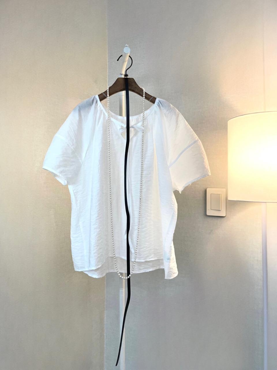화이트반팔 면셔츠 여름퍼프 셔링벨트하객룩 블라우스