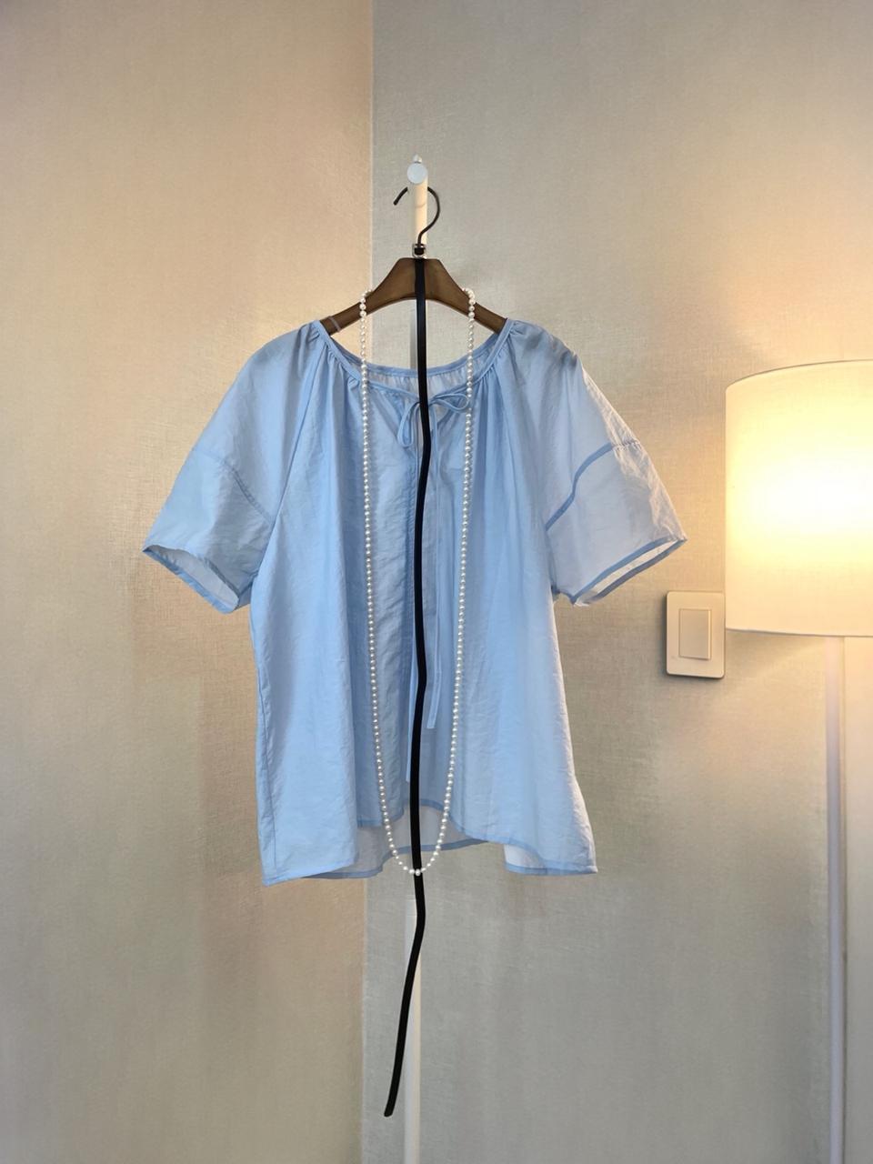 여름반팔 면셔츠 퍼프셔링 블루리본벨트 블라우스