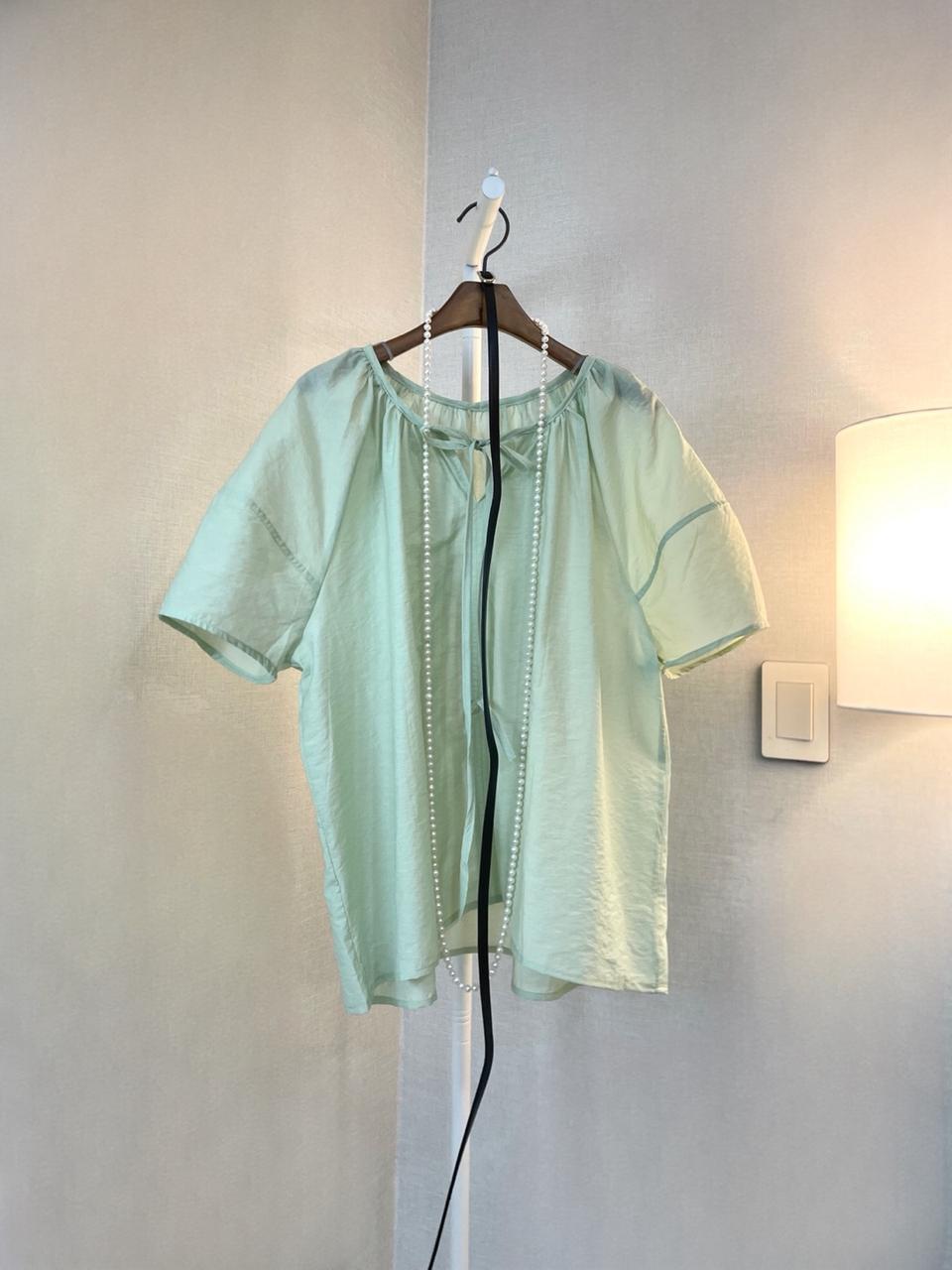 면반팔 여름셔츠 퍼프리본 셔링벨트 블라우스