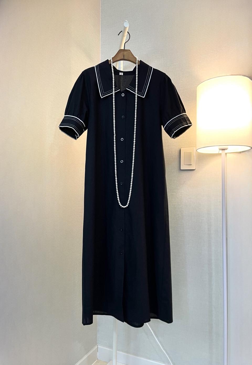 블랙롱 반팔린넨 셔츠여름면 카라하객룩 원피스