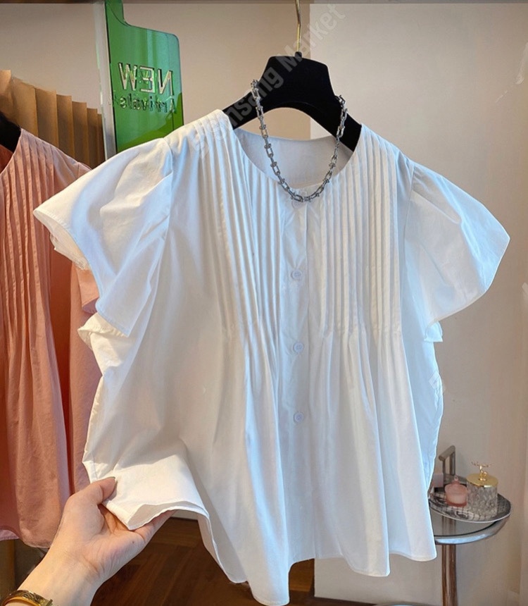 화이트반팔 여름셔츠 퍼프셔링 루즈핏단추 블라우스