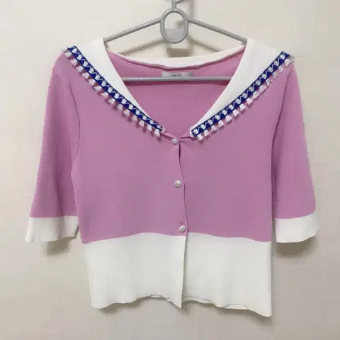 반에이크 세일러 카라 반팔 가디건 여성 백화점 배색 태슬 5부 니트