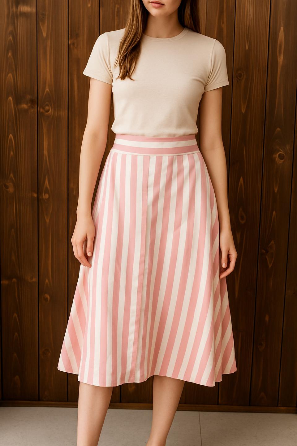 롱스커트 핑크 린넨 스트라이프 고급 플레어스커트 스타일링 팁 시크한 룩