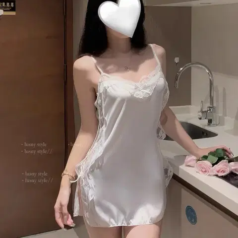 레이스 실크 잠옷 나시 원피스 화이트