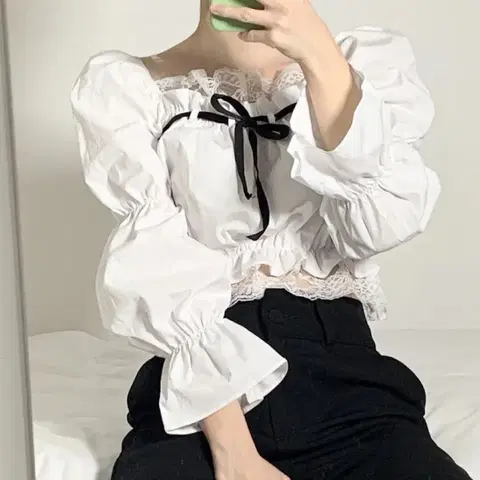 레이스 리본 퍼프 오프숄더 리본 레이스 블라우스