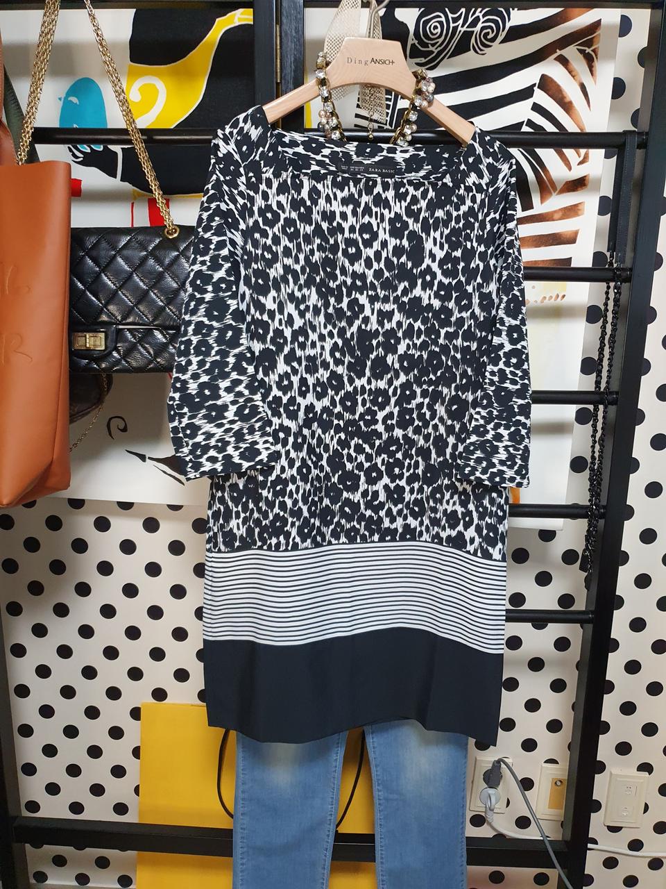 zara  자라 블랙 호피 배색  롱 블라우스 or  미니 윈피스  xs