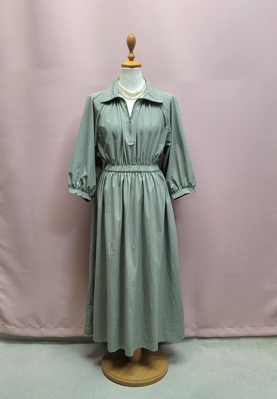 바스락 스판 반집업 밴딩 롱원피스