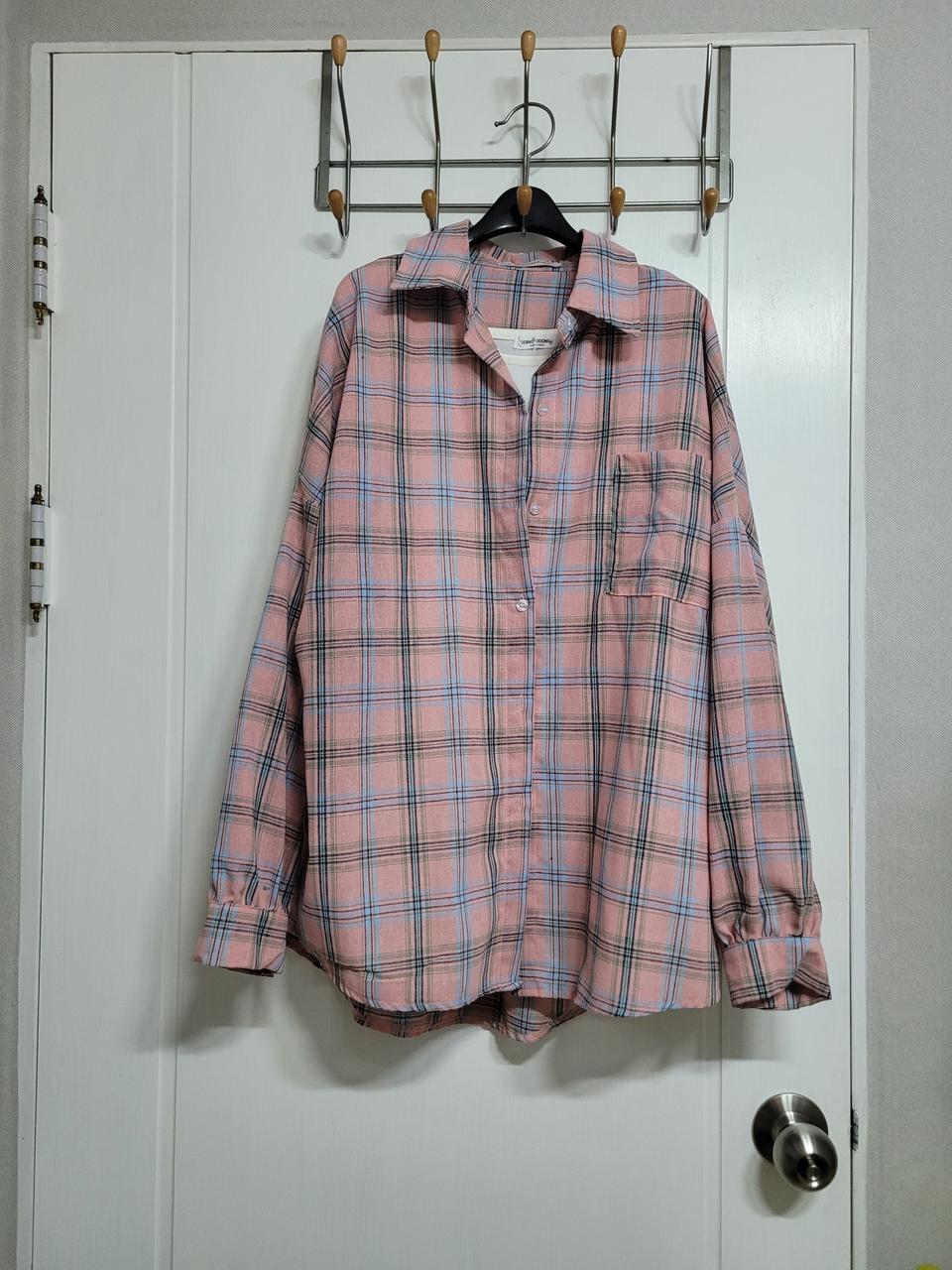 66~100)오버핏 핑크 체크남방