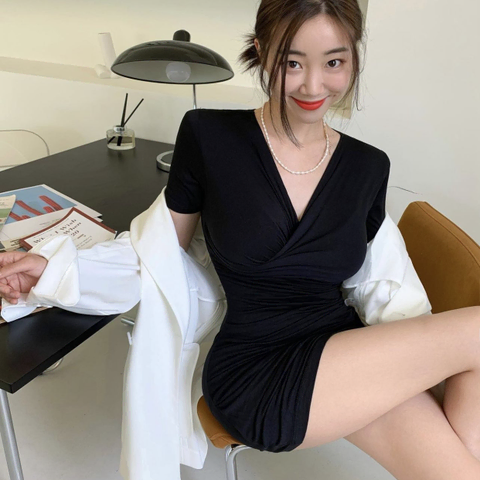 1857. 비바문 앞꼬임 셔링 반팔 원피스 블랙/FREE