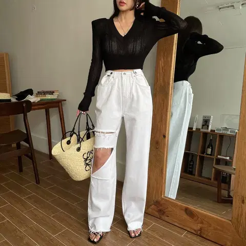 82. 메이빈스 비죠 단추 조절 와이드 데님진 화이트/L