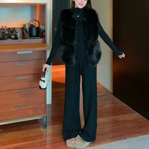 157. 수입 루즈핏 패턴 니트 롱 밴딩팬츠 블랙/FREE