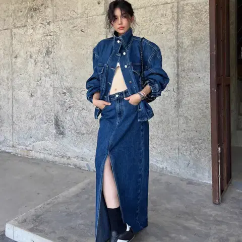 193. 하이넥 데님 자켓 스커트 셋업 M사이즈