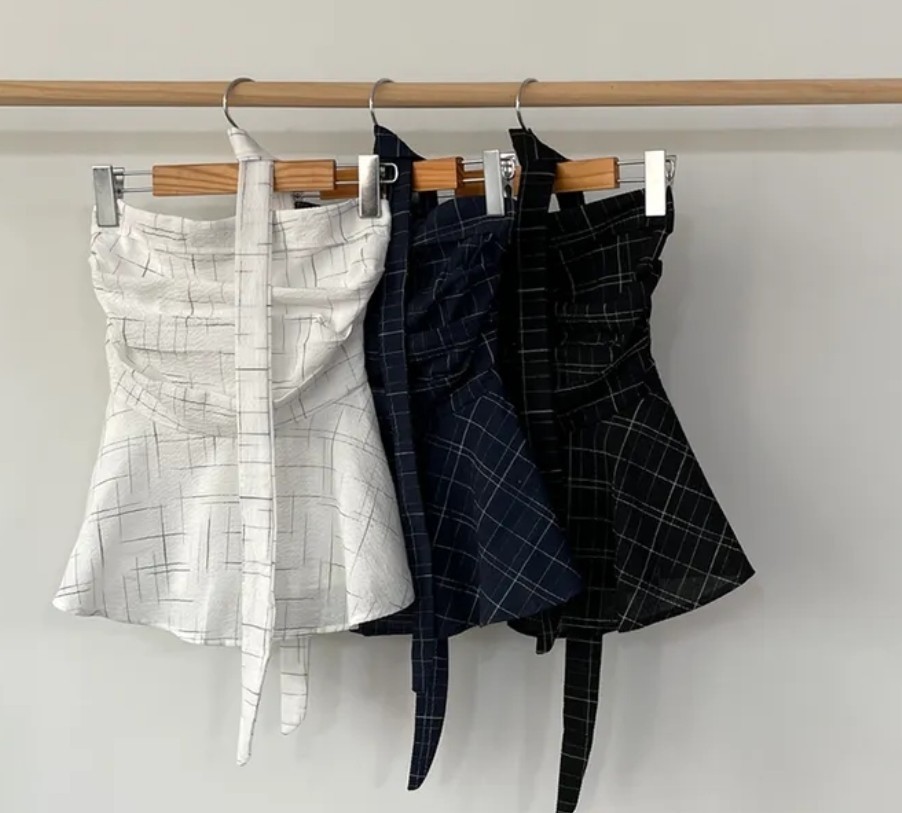 체크 셔링 프릴 탑(끈 set)