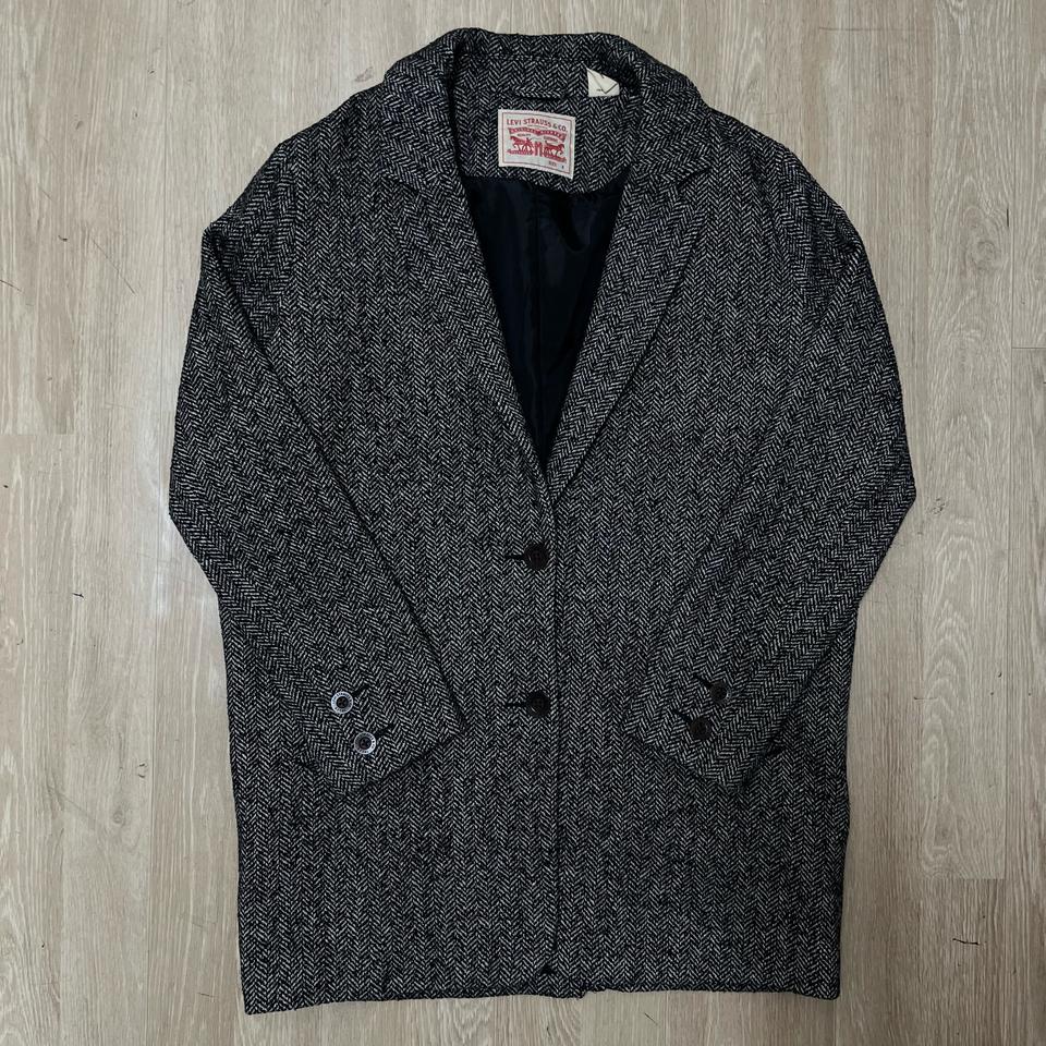 리바이스 여성 모직 브이넥 체크 롱 코트 자켓 S/90