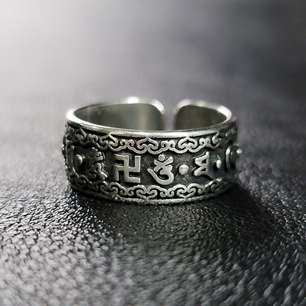 Buddha 실버 육자진언 남자 엔틱 선물 소품 재물운 금전운 불교 반지