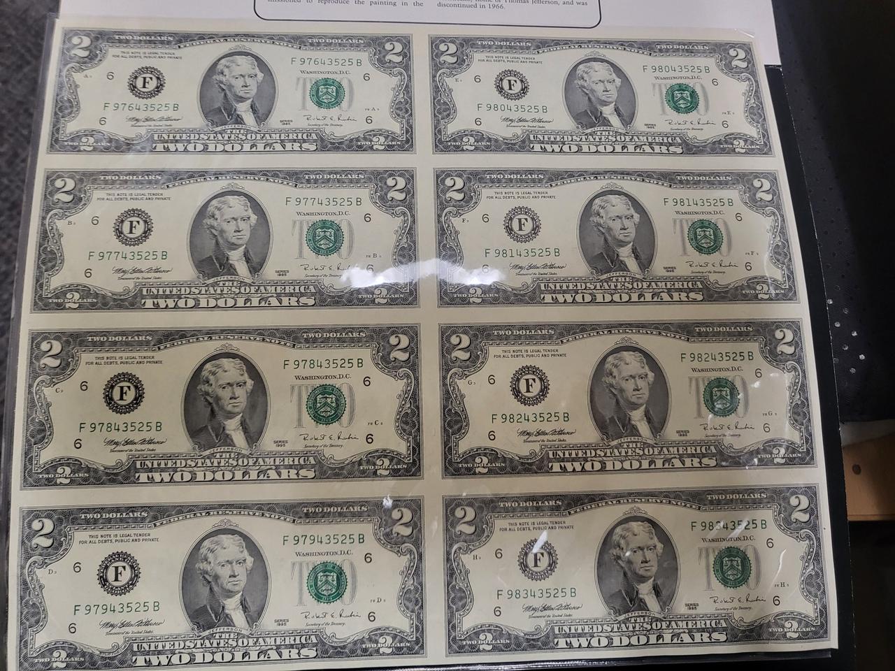 1995년 미국2달러 8장 전지화폐