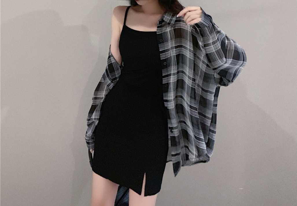 체크 시스루 루즈핏 남방