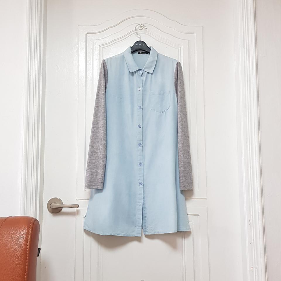 포켓 A라인 셔츠 원피스 하늘색 팔 배색 프리사이즈