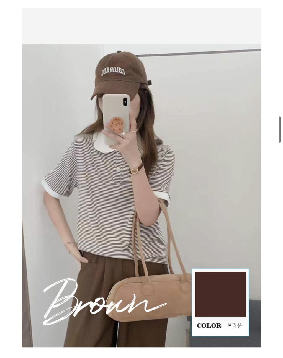 클레이스 베이직 스트라이프 반팔 카라 티셔츠 브라운