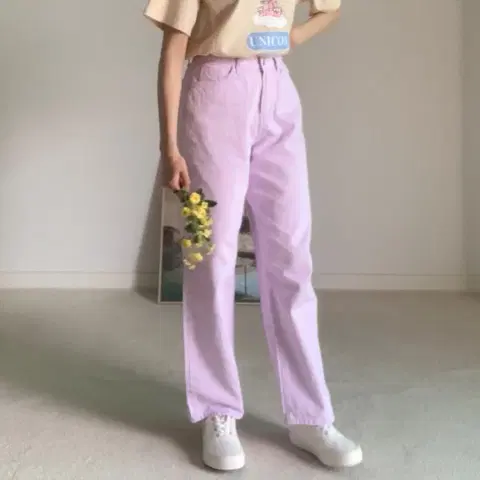 연보라 부드러운 파스텔 색감 면 와이드 코튼 팬츠 s 여성컬러데님바지