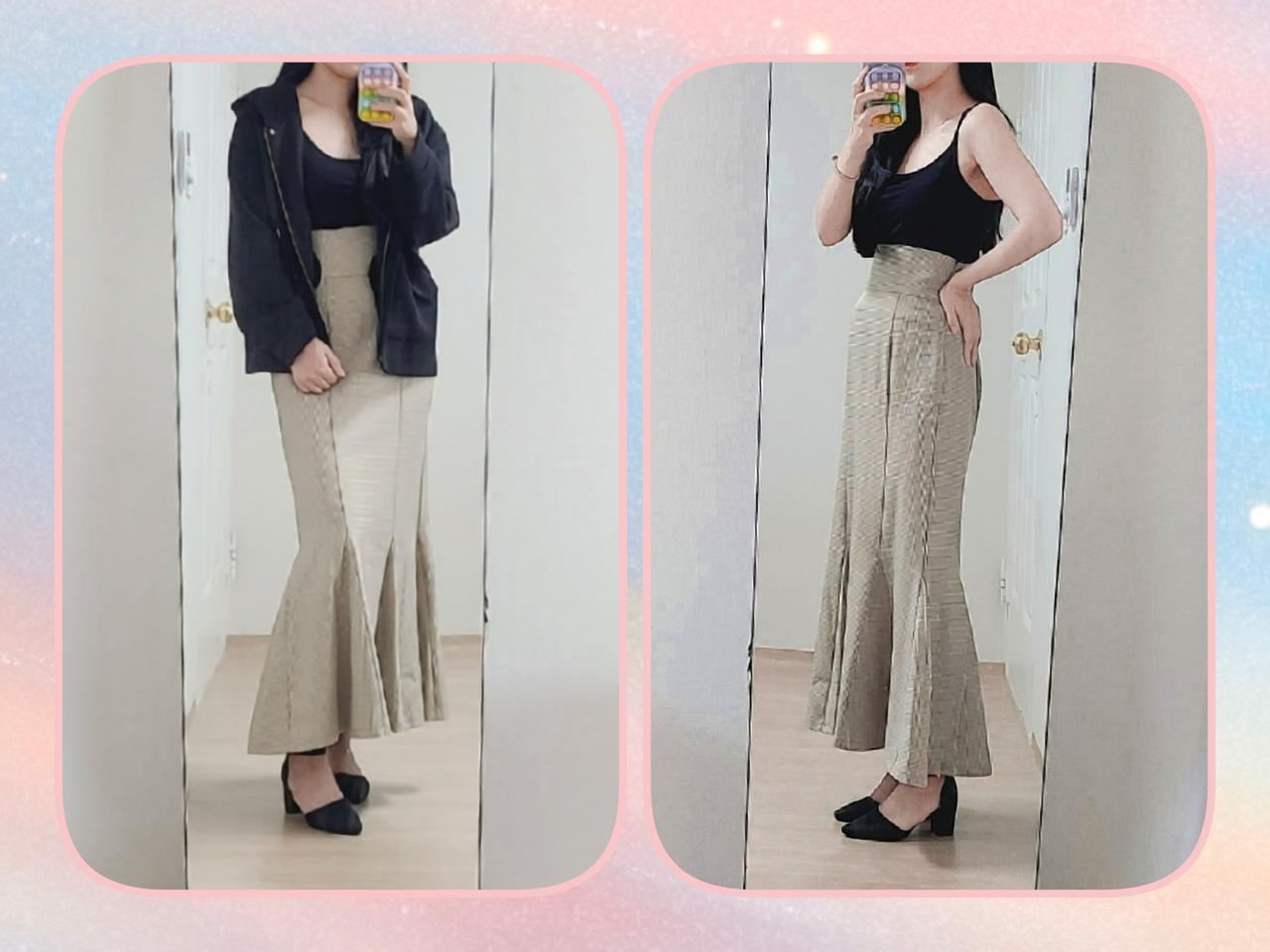 잔체크 머메이드 뒷트임 롱 스커트