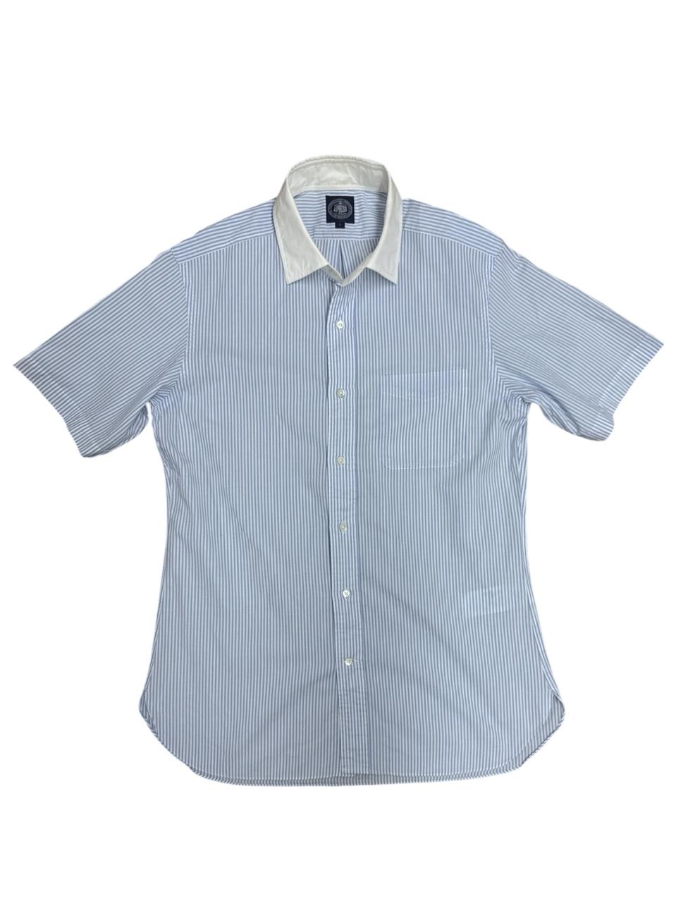 제이프레스(J.PRESS) 화이트 카라 스트라이프 블루 반팔셔츠 L