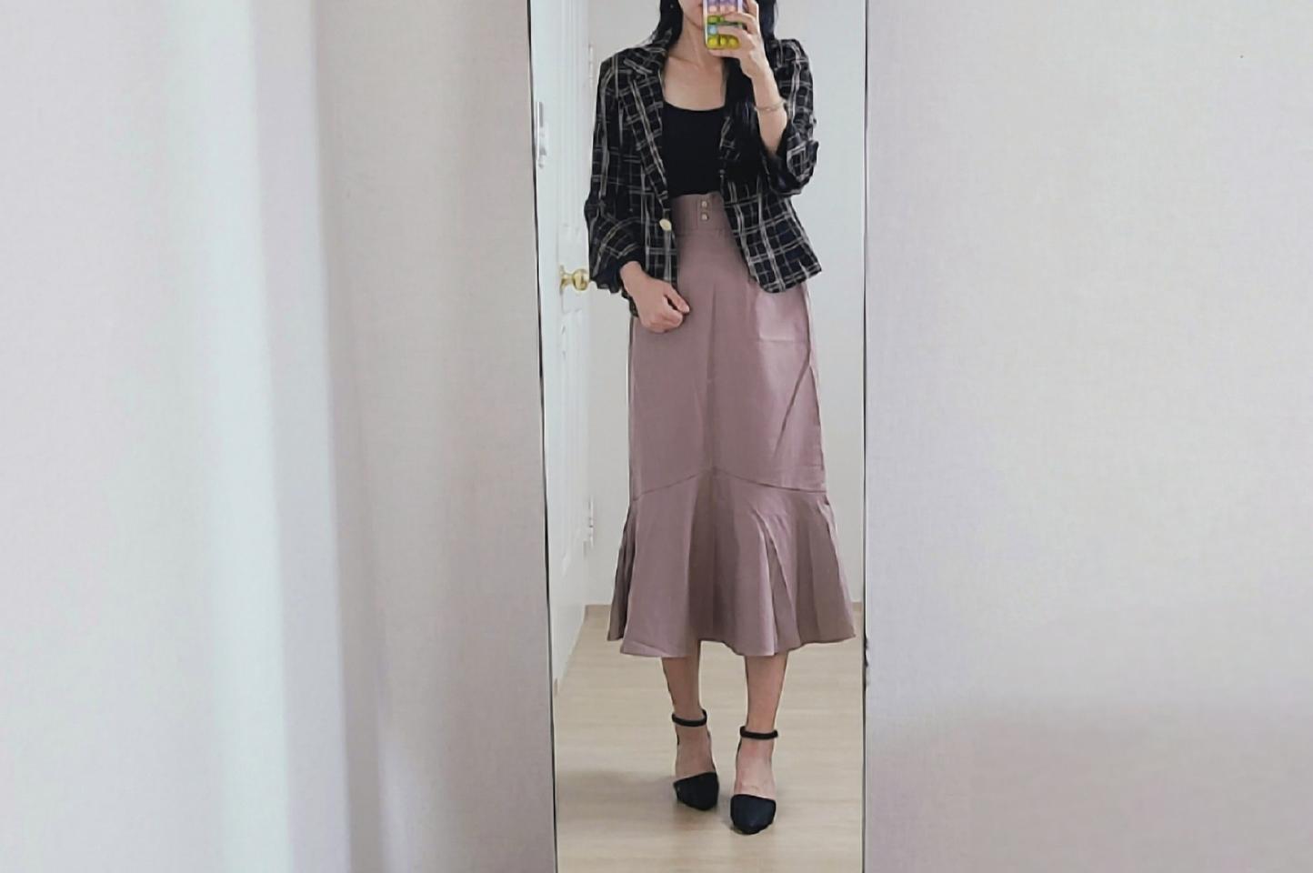 모브 뒷밴딩 러플 롱 스커트